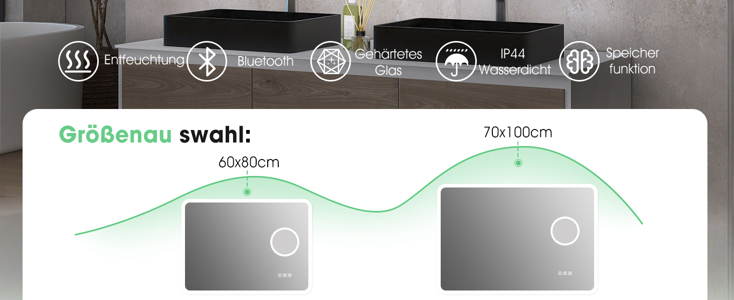 Дзеркало для ванної кімнати S'bagno з підсвічуванням 80x60 см, LED, Bluetooth, протитуманне покриття, 3 кольори, диммування, пам'ять налаштувань, загартоване скло, IP44, водонепроникність, горизонтальне/вертикальне встановлення