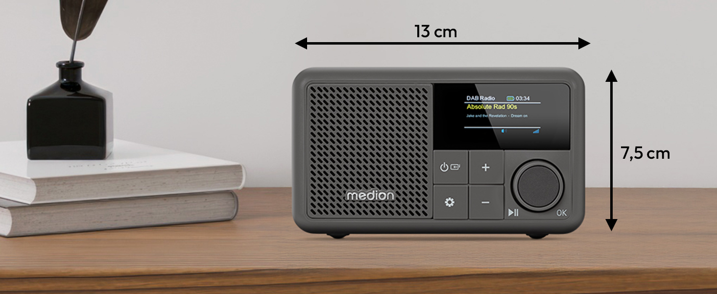 MEDION S66822 Портативне міні-радіо DAB+ з Bluetooth, акумулятор (до 6,5 годин), дисплей, телескопічна антена, таймер сну, будильник, AUX, USB-C, зелений (сірий)