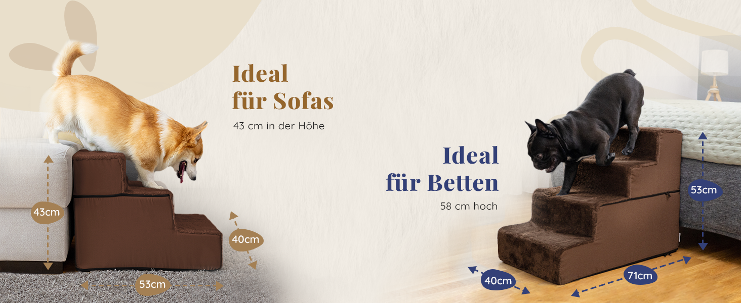 Сходинки для собак на ліжко та диван - 4 сходинки, 58 см - з піносподуху, для маленьких собак, безпечні та стабільні, знімний та пральний чохол, світло-сірий (4-Brown)