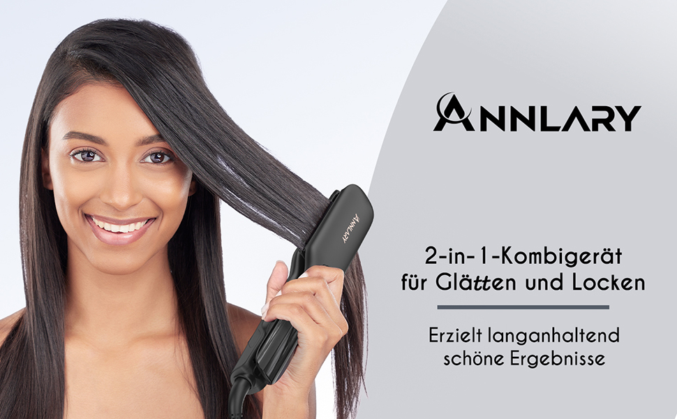 ANNLARY 2-in-1 Hair Straightener & Curling Wand with Titanium Ceramic Ion Technology - Anti-Heat Silicone Protection for Less Split Ends, Shiny Hair - Dual Voltage (110-240V) - Black/Rose Gold (1.75 inch)