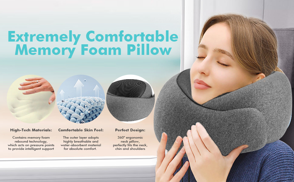 Подушка для шиї у літак, Memory Foam, ортопедична, компактна, для тривалих перельотів. З 3D-маскою для сну та берушами. Ваш незамінний супутник у подорожах