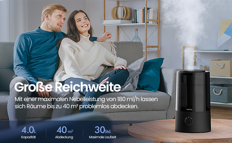 Зволожувач повітря Raydrop для спальні та дитячої кімнати, 1,7 л. Тихий, компактний ультразвуковий зволожувач для дитячої та рослин, просте керування та легке очищення, автоматичне вимкнення, 1,7 л, білий (4,0 л, чорний)