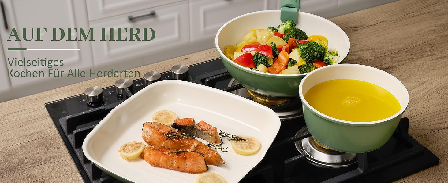 Набір посуду керамічний 23 предмети з антипригарним покриттям та знімними ручками, чорний. Підходить для всіх типів плит, включаючи індукційні. Сковороди 20/26 см, каструля 18 см, сотейник 24 см. Можна використовувати в духовці.