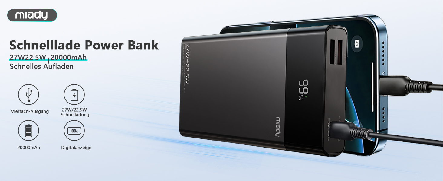 Power Bank Maidy 20000mAh з USB-C кабелем, 27W швидка зарядка, сумісний з iPhone, Galaxy, Xiaomi, iPad, Switch