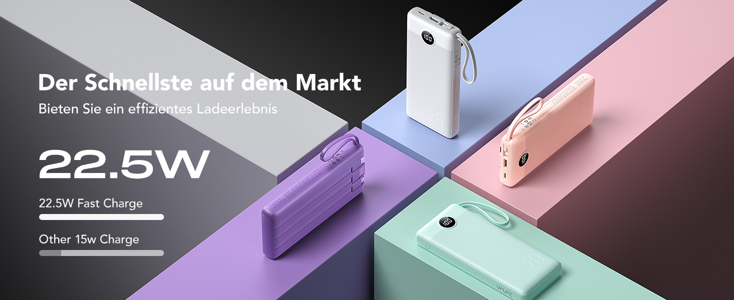 Power Bank VRURC 20000mAh з LED дисплеєм: швидка зарядка 22,5W, USB-C, для iPhone, Huawei, Samsung