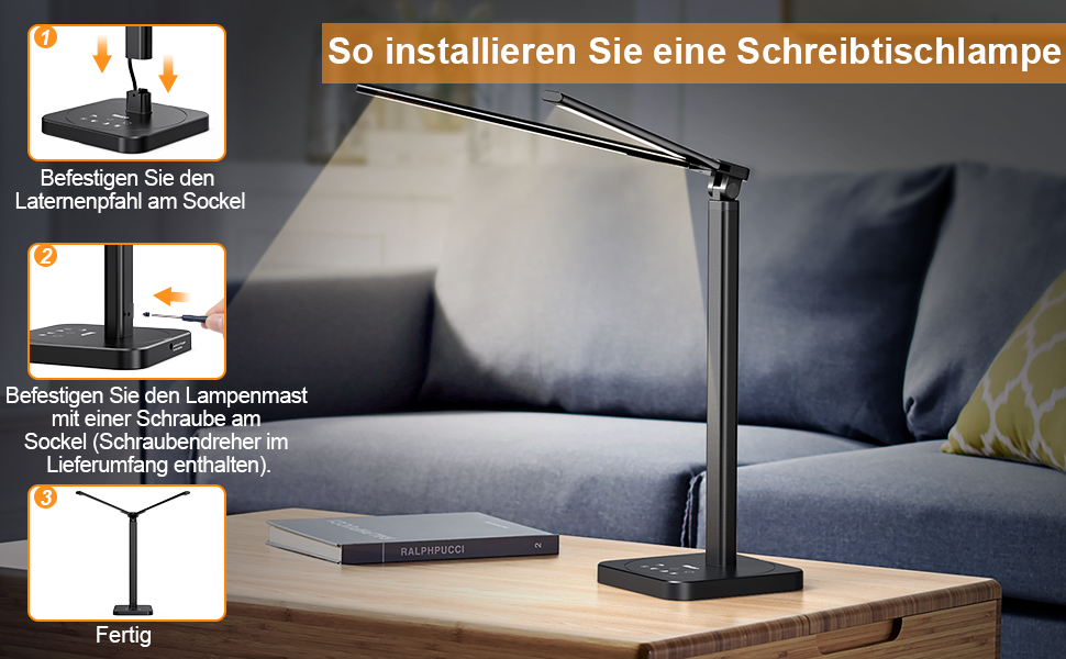 LED лампа настільна Veetop з подвійним світлом, регульована, денне світло, 72 см, шарнірний кріплення, 5 рівнів яскравості, 5 колірних температур, диммування, офісна лампа