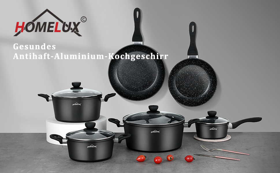 Набір посуду HOMELUX 10 предметів для індукційних плит з алюмінію з антипригарним покриттям, з кришками. Без PFOA.