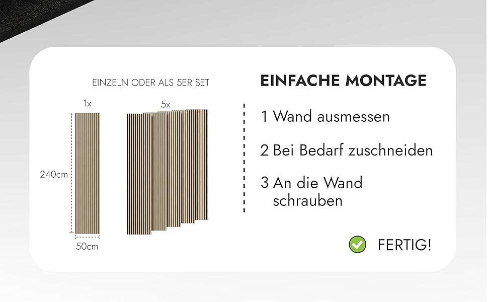 Акустична панель Momento з натурального дуба 240x50 см, 3D ламелі для шумоізоляції стін, колір дуб натуральний, чорний фліс (Made in Germany)