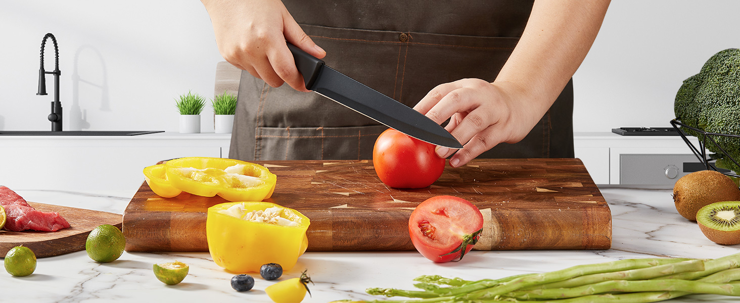 FOHERE 13-Piece Stainless Steel Knife Set with Block & Sharpener - Ergonomic Black Granite Handles