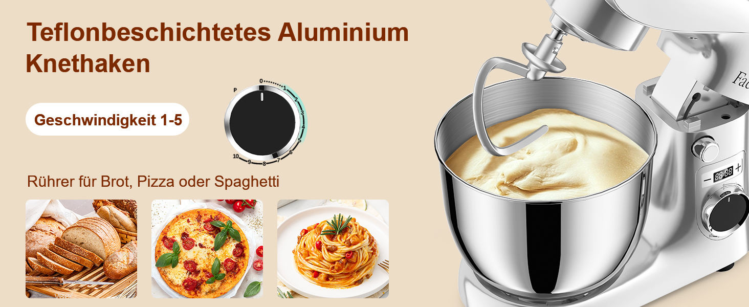 Кухонна машина-міксер Facelle 1500W з 5.5/4.5л чашею, 10+ програм, тиха робота, набір насадок (крюк, вінчик, віночок, захист від бризок)