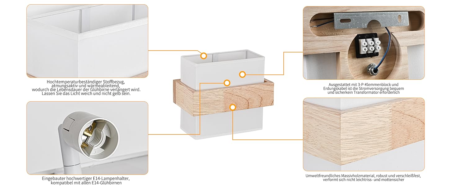 Настінний світильник Gleonlux Wandleuchte Holz, Внутрішнє освітлення в стилі ретро, Boho, Industrial, для дому, сходи, вітальня, спальня, коридор, матеріал: дерево, тканина, цоколь E14, розмір 22.5x13x20 см