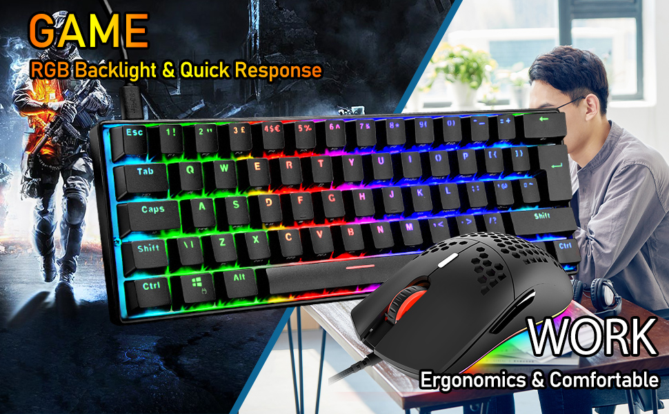 Ігровий комплект клавіатури та миші MK21: RGB механічна клавіатура 60% (62 клавіші), миша 6400 DPI, килимок для миші, сумісний з PS4, Xbox, PC, чорний/Blue Switch Black