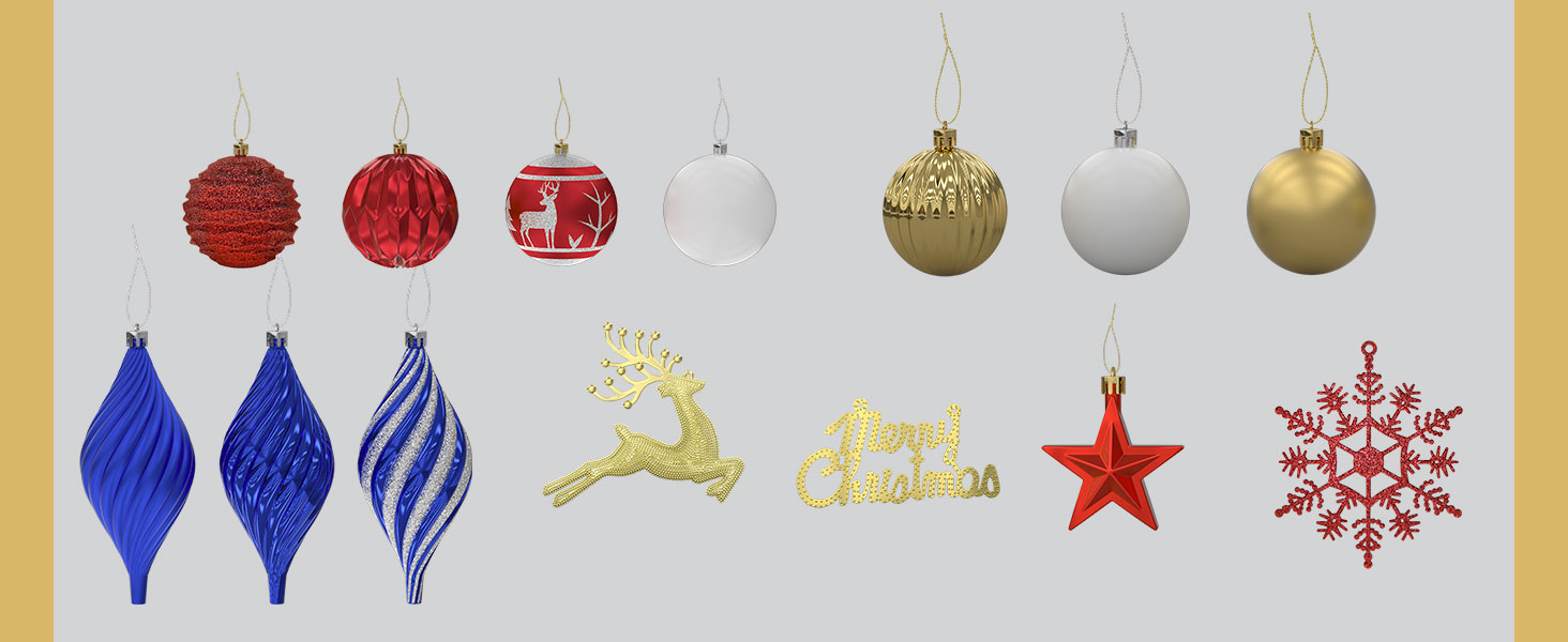 Набір прикрас для ялинки Aufun 108 шт. Преміум якість, пластик, з верхівкою, ялинкові кулі, зірки, безпечні прикраси, ялинкові кулі багаторазового використання, декор для ялинки (шампань, срібло)