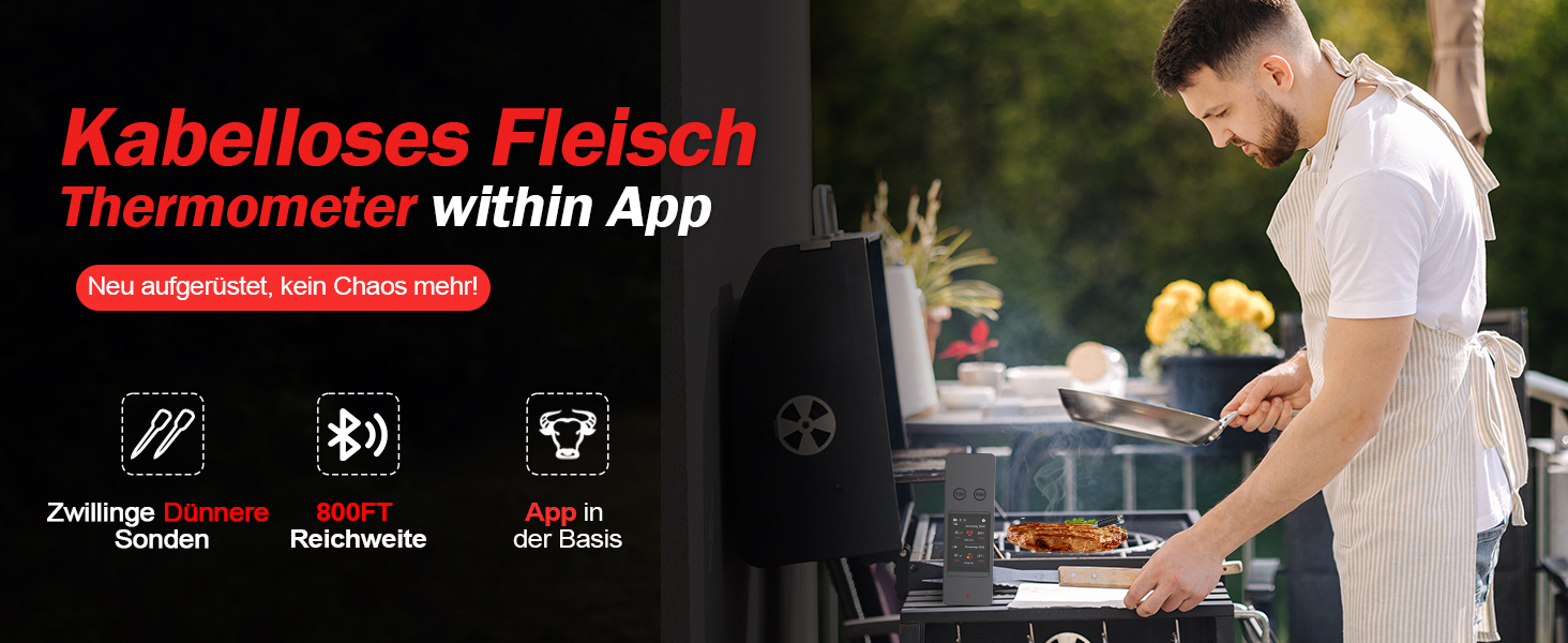 Бездротовий термометр для м'яса з 2 зондами, великий сенсорний екран, IP67 вологостійкий. Підходить для гриля, барбекю, коптильні. Чудовий подарунок на Різдво