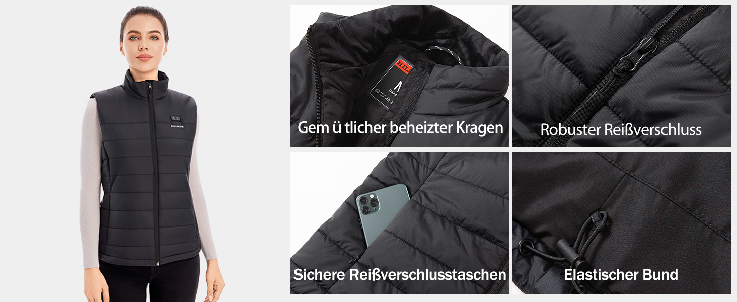 Тепла жилетка для жінок з акумулятором 18400mAh 7.4V – 8 зон нагріву, водовідштовхувальна, легка, пральна, для активного відпочинку, чорна