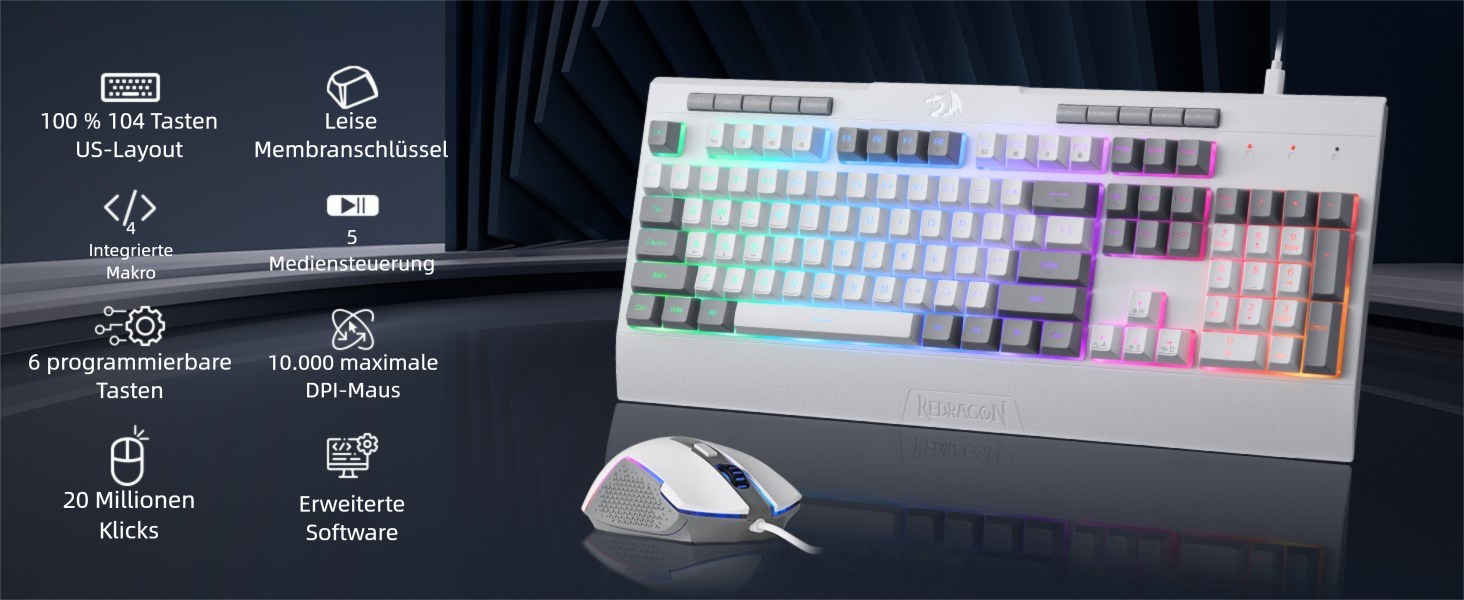 Redragon K628 Tri-Mode Механічна Клавіатура та Миша (S151 White) - Ігровий Набір