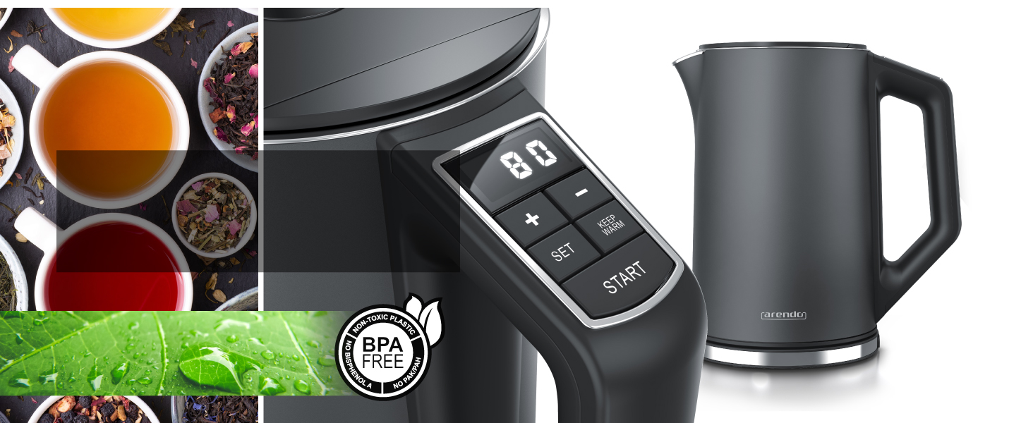 Електричний чайник та тостер Arendo SET з нержавіючої сталі Cool Grey, 1.5л, 40-100°C, підігрів, тостер на 4 тости, LED-дисплей, 6 рівнів підсмажування, підставка для булочок