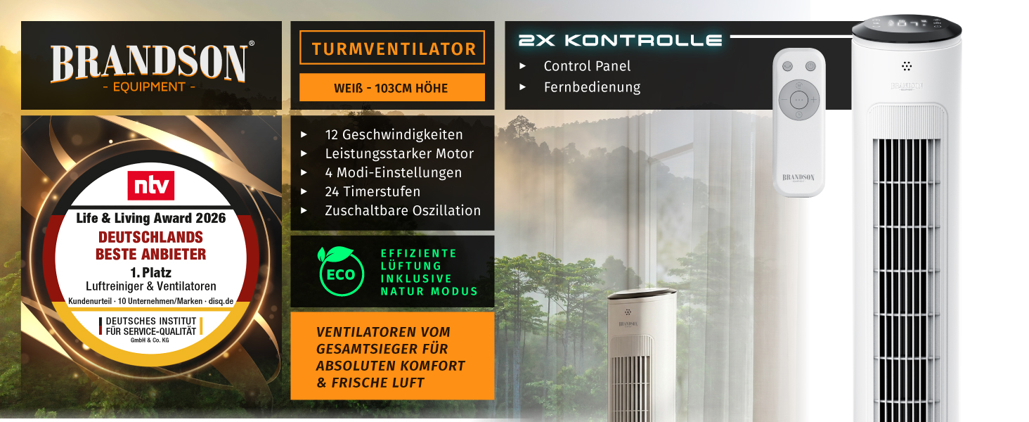 Вентилятор Tower Brandson ECO GREEN – тихий, з пультом, 12 швидкостей, режим сну, білий