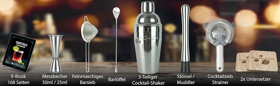 Набір для коктейлів CoolDownDrink 8 предметів: шейкер з нержавіючої сталі, аксесуари та електронна книга рецептів (168 стор.)