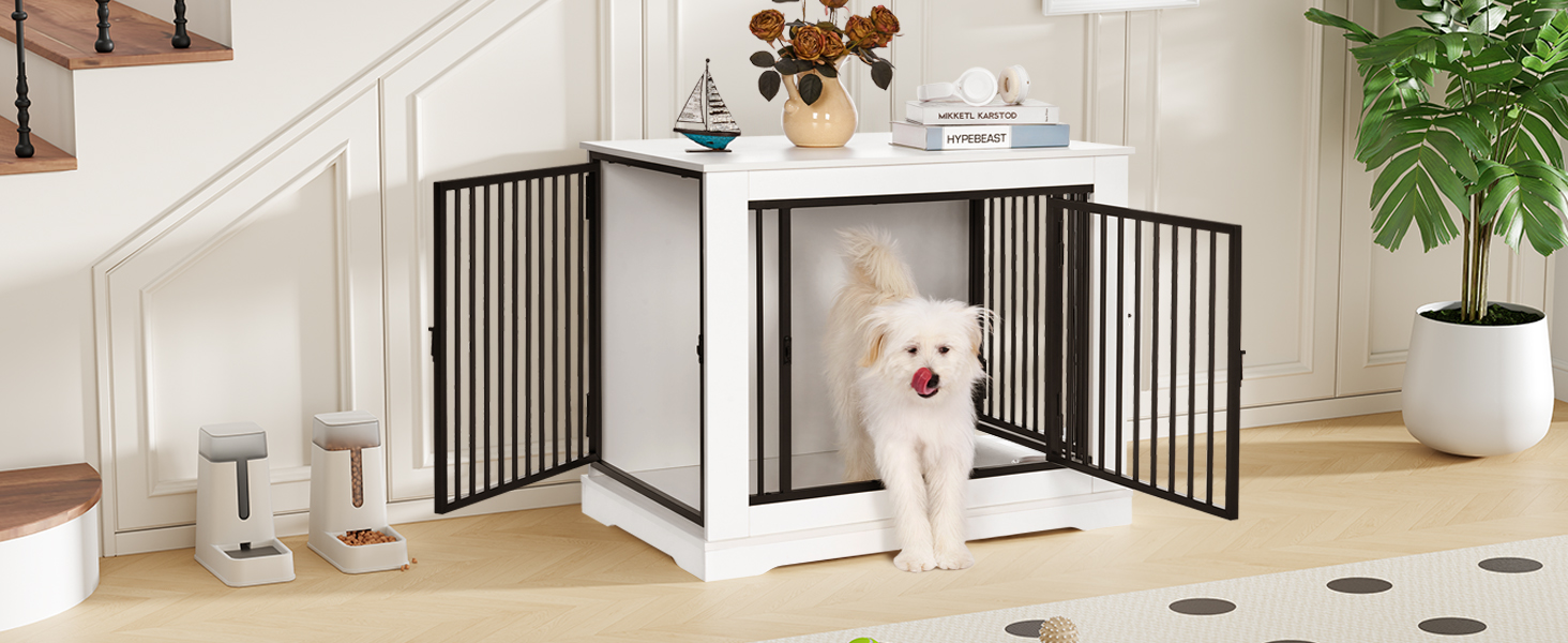 BEWISHOME Клітка для собак, 81 см, Біла, з 3 дверцятами, для дому, з функцією столику, для маленьких/середніх собак, EMGL03W