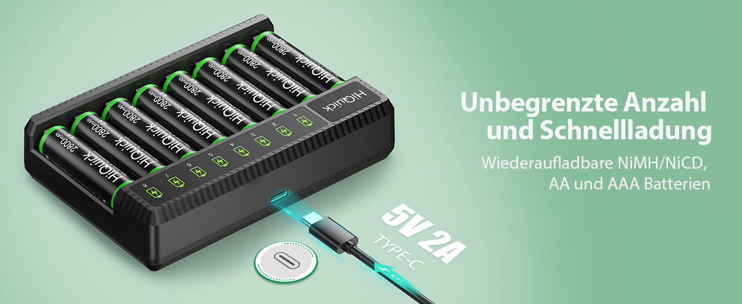 Зарядний пристрій HiQuick для акумуляторів AA AAA, 8 слотів з LED-дисплеєм, для NI-MH/NI-CD акумуляторів (без акумуляторів)