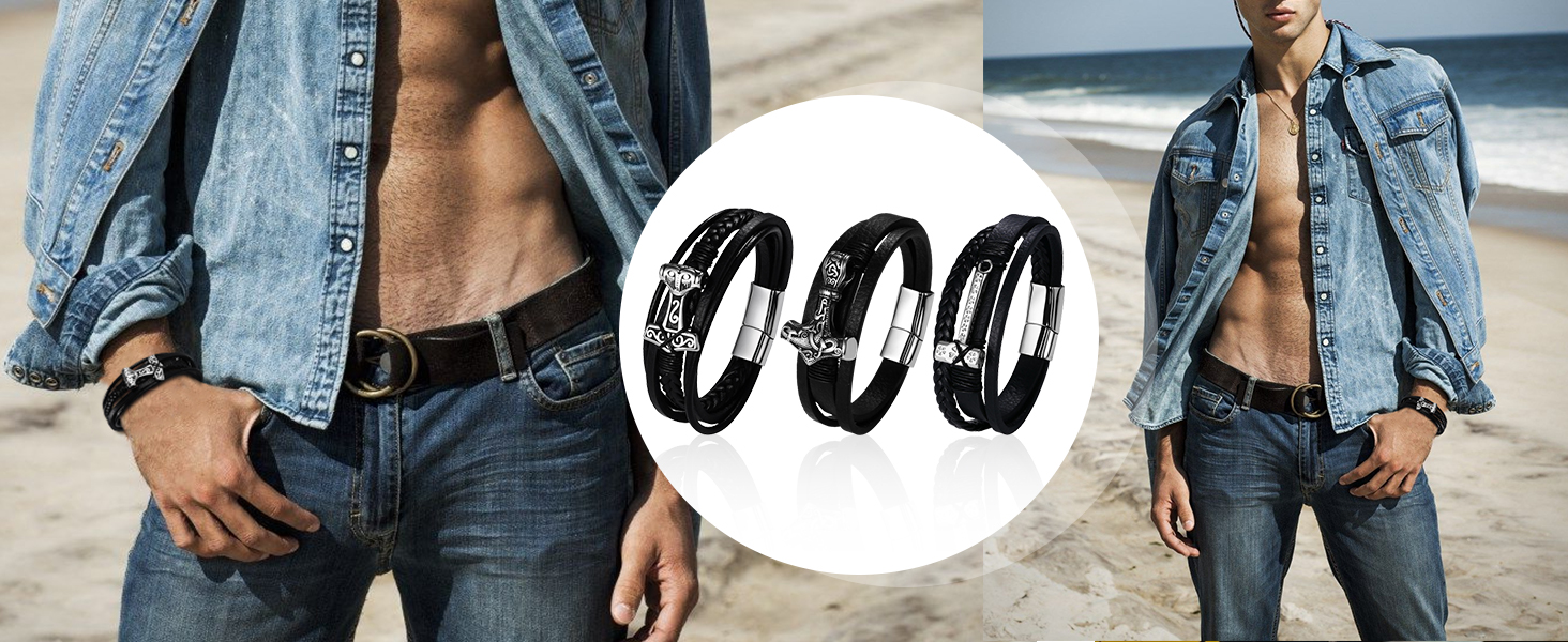 Чоловічий браслет Flongo з плетеного шкіряного шнура, стилізований під молот Тора (Муліньер), регульований, з пряжкою, амулет, подарунок для чоловіків