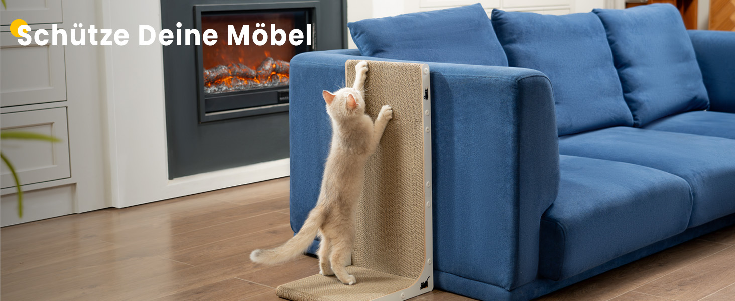 Кігтеточка для котів з коробкою та 4 змінними шарами з картону - великі кігтешні меблі з міцного гофрокартону, двосторонні шари з картону з наклейками DIY - лежанка для котів у квартирі, захист меблів. Велика коробка для котів + 4 кігтешні стовпчики + наклейки (великий, L-подібний)