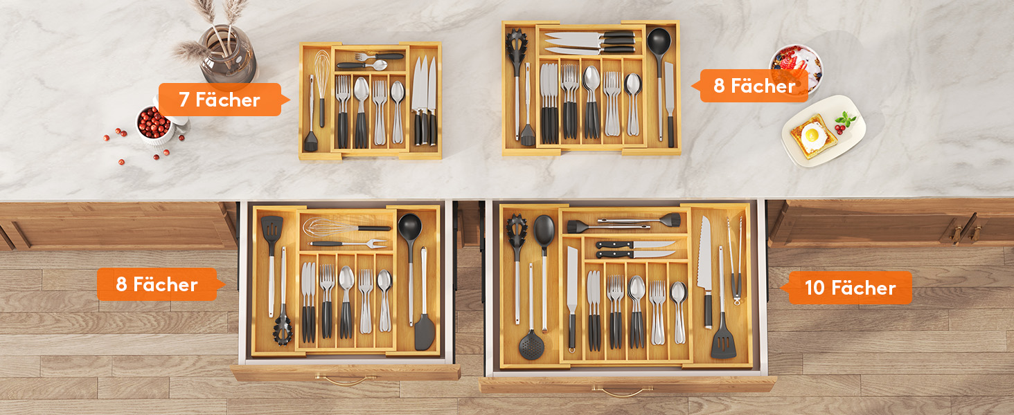 Органайзер для столових приборів Lifewit для шухляд 43 см, дерев'яний, розширюваний (31-53 см), бежевий