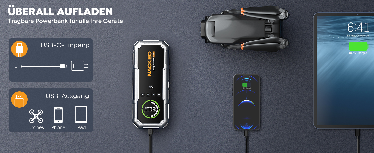 Портативний зарядний пристрій Starthilfe 8000A з компресором 160PSI, 12V для автомобілів, 20000mAh, LED-ліхтар 600 Lumen, LCD-дисплей, сріблястий