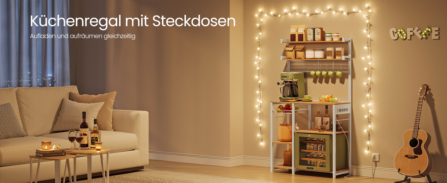 Полиця кухонна VASAGLE з розетками, стелаж для мікрохвильовки, 8 гачків S-подібної форми, кухонний шафчик, органайзер для спецій, 40 x 90 x 165,5 см, коричневий вінтаж та чорний, KKS031K11