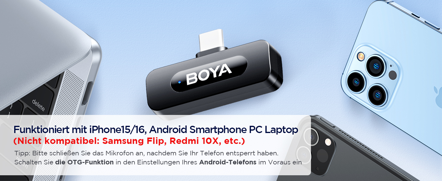 Мікрофон BOYA BY-V10 USB-C: Бездротовий мініатюрний мікрофон з шумозаглушенням для Android, смартфонів, ноутбуків, YouTube, подкастів, Facebook, Vlogging