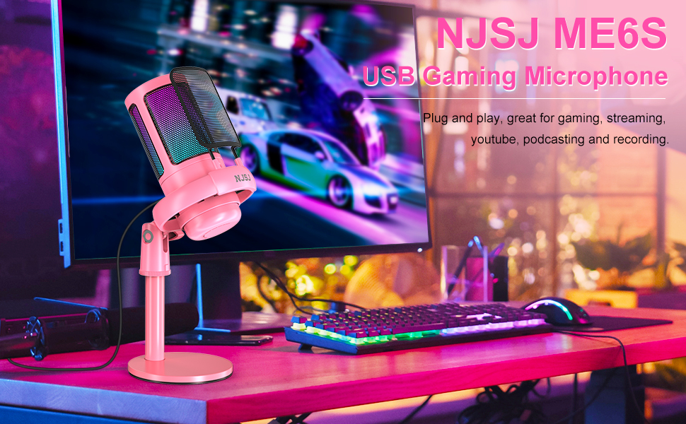 Мікрофон для ПК NJSJ Gaming з тримачем, USB мікрофон для Mac, PS4, PS5 (рожевий) з кнопкою вимкнення звуку, навушниками, поп-фільтром, кардіоїдний конденсаторний мікрофон для подкастів та стрімінгу