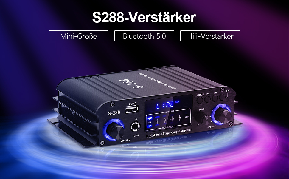 HiFi підсилювач S-288 600Вт, міні Bluetooth стерео аудіо ресивер, 12В/220В, 4 канали, цифровий підсилювач із LCD-дисплеєм, FM-радіо, Bluetooth, USB-вхід, для дому або авто