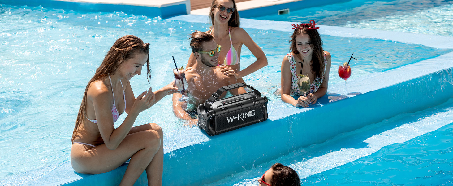 W-KING Портативна Bluetooth Колонка 90W з Глибоким Басом, DSP, 40 годин акумулятора та IPX6 Захистом від Води. Підтримка Powerbank, EQ, AUX та TF-карта. Чорний Колір. Ідеально для кемпінгу, пляжу та саду.