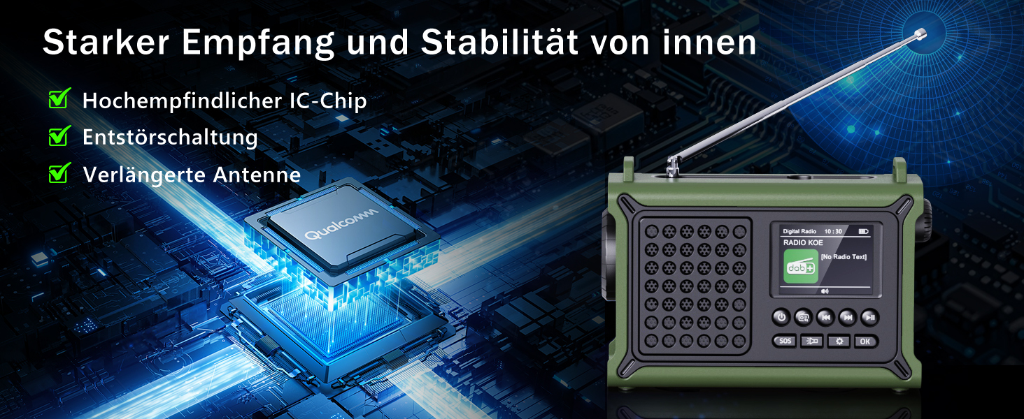 Радіоприймач Kurbelradio з DAB/DAB+/UKW, акумулятор 12000mAh, сонячна панель 8500mm², ручний генератор, Bluetooth 5.0, ліхтарик та світло для читання, для відпочинку на природі, кемпінгу, зелений