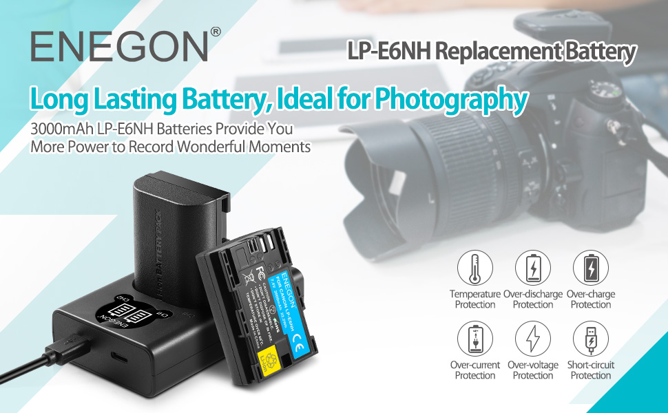Зарядний пристрій ENEGON LP-E6NH 20W Dual з 2x акумуляторами 3000mAh для Canon EOS 5D, 6D, 7D, 60D, 70D, 80D, 90D, XC10, XC15, R, R5, R6, R7 - LCD дисплей