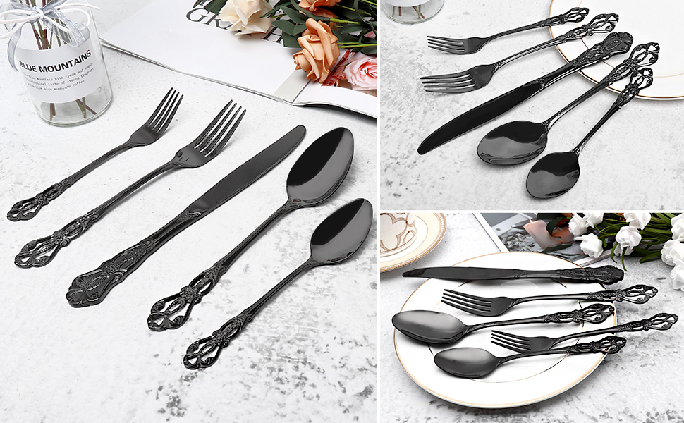 Набір столових приборів 20 предметів, чорний, нержавіюча сталь, Vintage Palast - для 4 осіб, полірований, для посудомийної машини