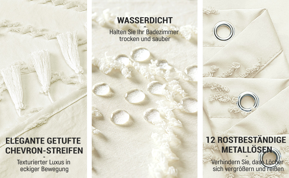 Штора для душу BTTN 180x180 см, бежева бохо, з китицями, водонепроникна, з гачками (1 шт)