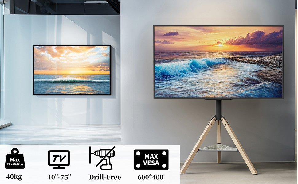 Підставка для телевізора Vanconwey Boden-TV-Ständer для LED/LCD екранів 40-75 дюймів, кутова, поворотна, з полицею з синтетичного каменю, VESA 600x400mm, до 40 кг