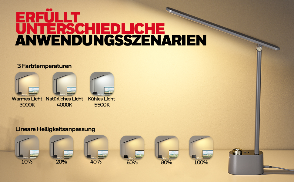 Лампа настільна Honeywell з USB-портом – регульована, для очей, для дому/офісу, складана, портативна, сіра, HWT-H01