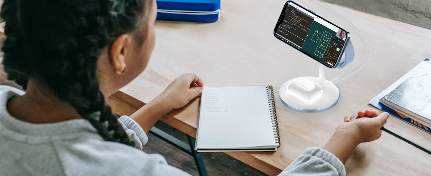 База для бездротової зарядки 3-в-1: iPhone, iWatch, AirPods, 15W, MagSafe, фіолетовий (світло-блакитний)