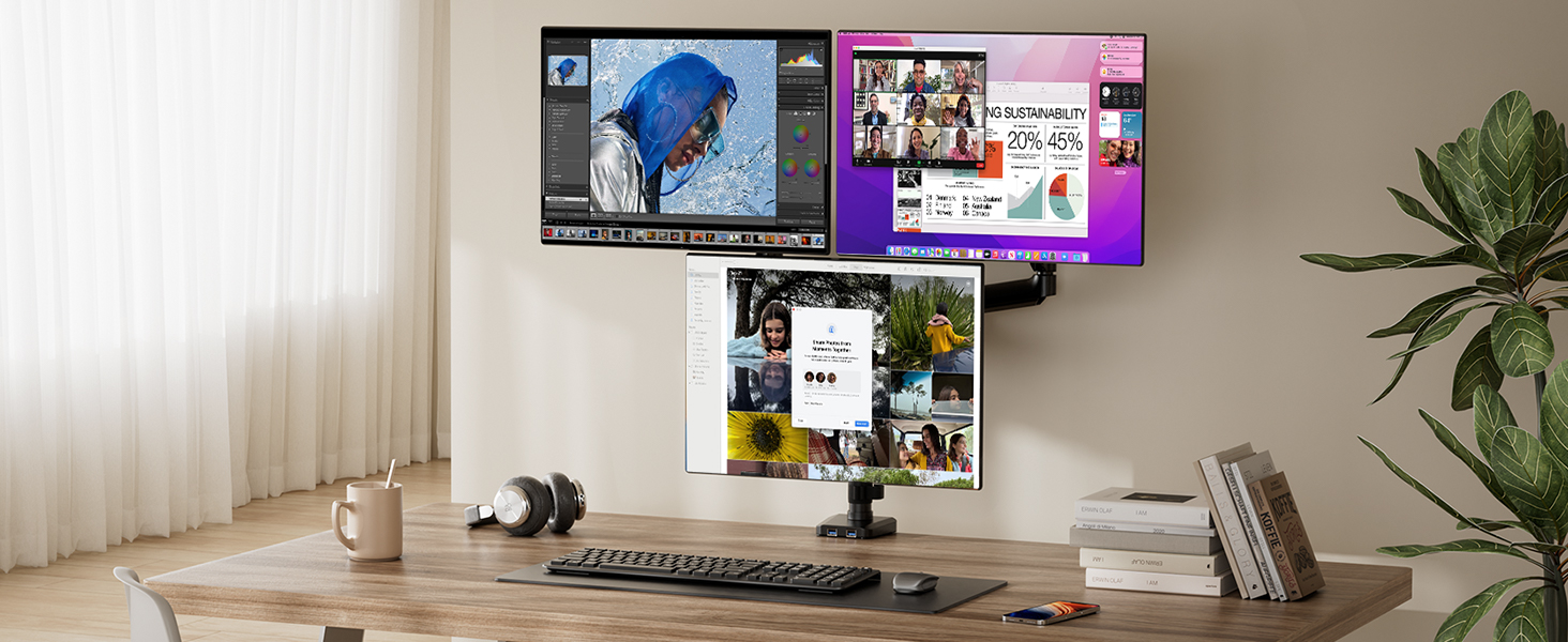 Кронштейн для 3 моніторів ErGear (13-27 дюймів), тримач для екранів з 2 USB-портами, VESA 75/100, навантаження до 8 кг на руку, чорний