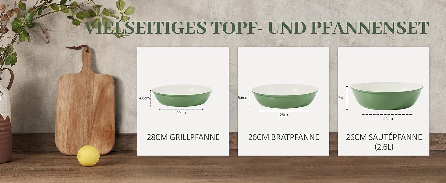 Набір посуду керамічний 23 предмети з антипригарним покриттям та знімними ручками, чорний. Підходить для всіх типів плит, включаючи індукційні. Сковороди 20/26 см, каструля 18 см, сотейник 24 см. Можна використовувати в духовці.