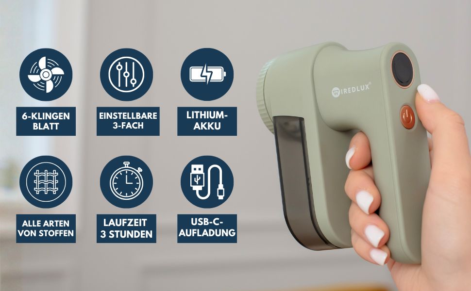 Електричний видалення ворсу та котушок для одягу – Fusselentferner з 3 швидкостями, LED-дисплеєм, USB-зарядкою, портативний пристрій з подвійним захистом (Sage)