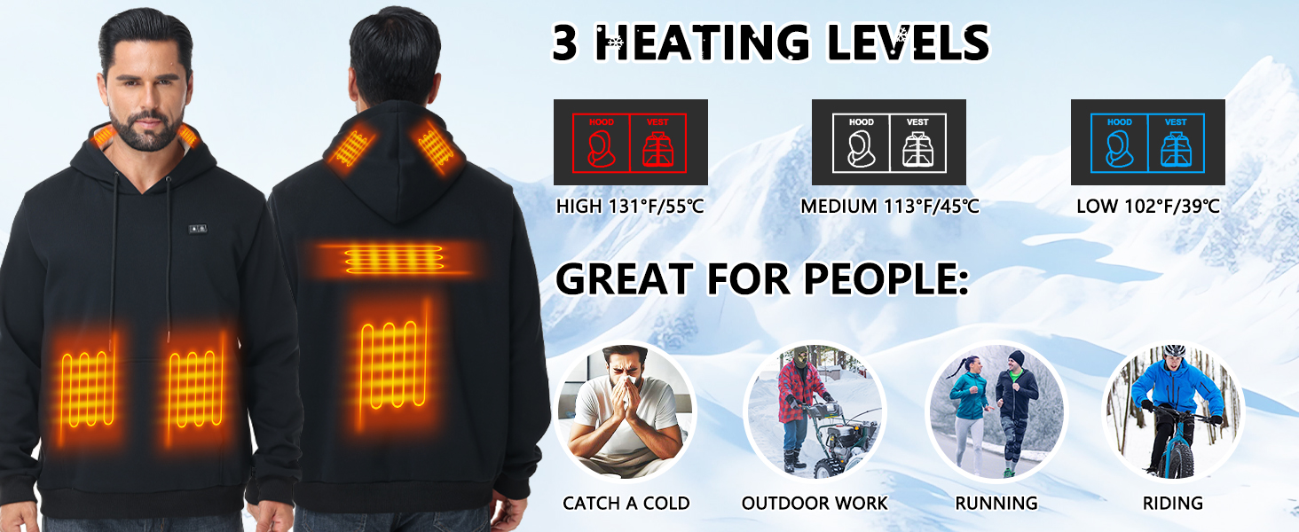 Loowoko Обогреваемый худи унисекс с Power bank 10000 mAh, 3 температурні режими + 6 зон обігріву, пральний, обігріваючий худі для роботи на відкритому повітрі, мотоцикла, прогулянок та вигулу собак, чорний, S