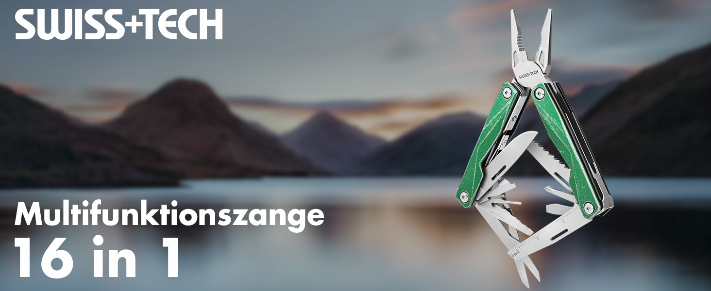 Мультитул Swiss+Tech 16-в-1 з нержавіючої сталі з ножем, пилкою, плоскогубцями, викрутками та ножицями для кемпінгу, відпочинку та ремонту, з чохлом, вінтажний зелений