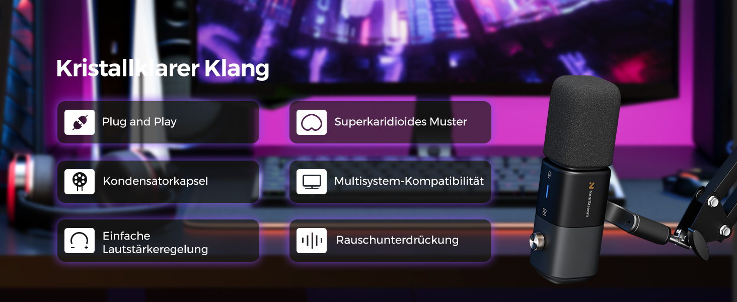 Конденсаторний мікрофон NearStream AM25X USB/XLR зі штативом, комплект для подкастингу, кнопка Mute, шумозаглушення та моніторинг для стрімінгу, студії та PC/PS5/PS4 геймінгу