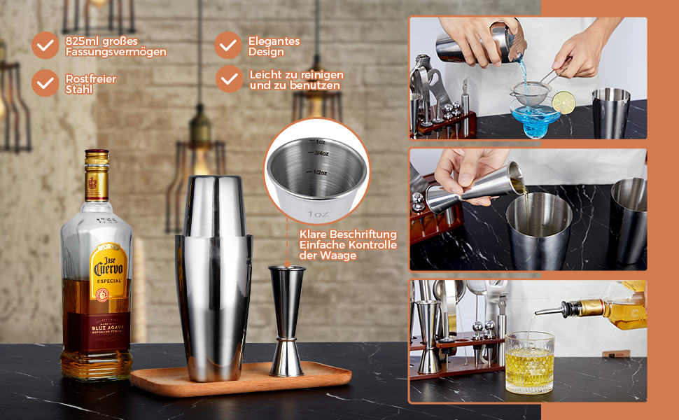 Набір для коктейлів Sosayet, нержавіюча сталь, з аксесуарами та рецептами, 750 мл, для початківців та професіоналів, подарунок для чоловіків (з підставкою)