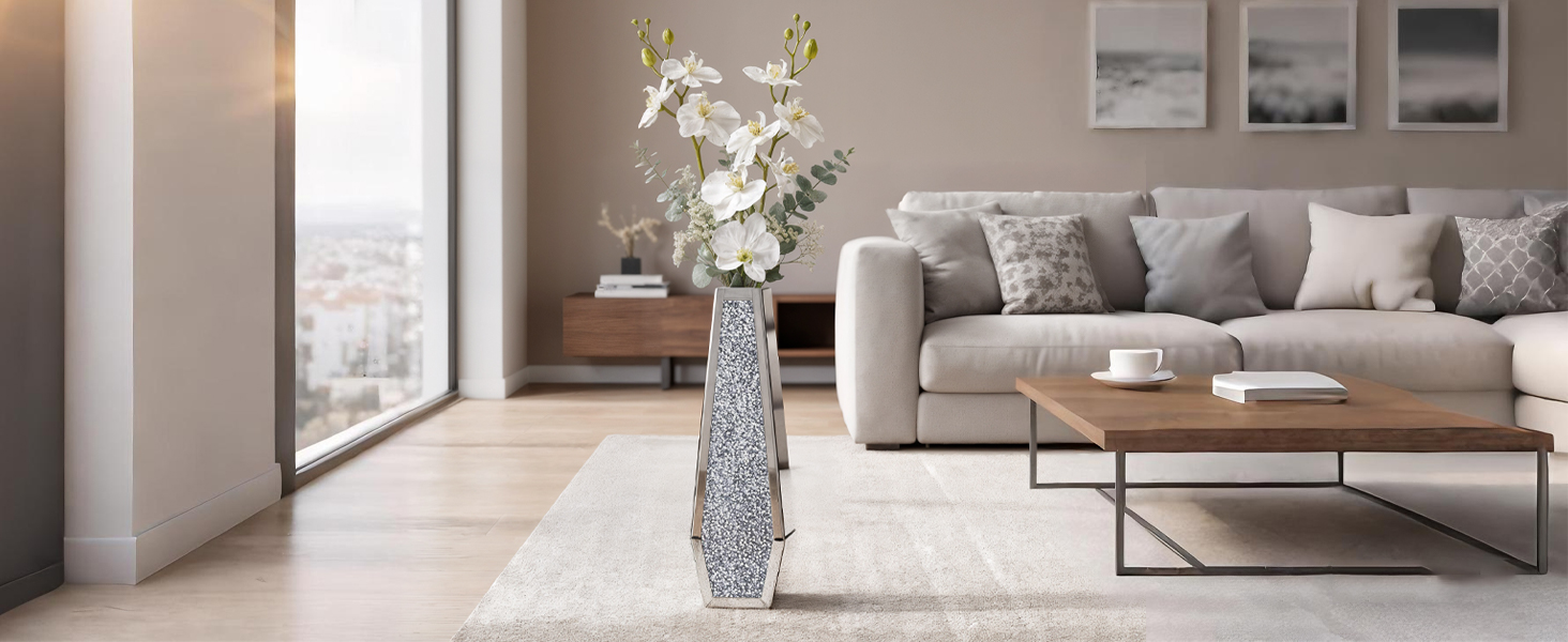 Ваза для квітів велика 68 см: срібна ваза з кристалами для пампас трави, скляна ваза з дзеркальним покриттям та блискітками, декоративна ваза для вітальні, інтер'єру – без підставки для води, 16L x 68H см