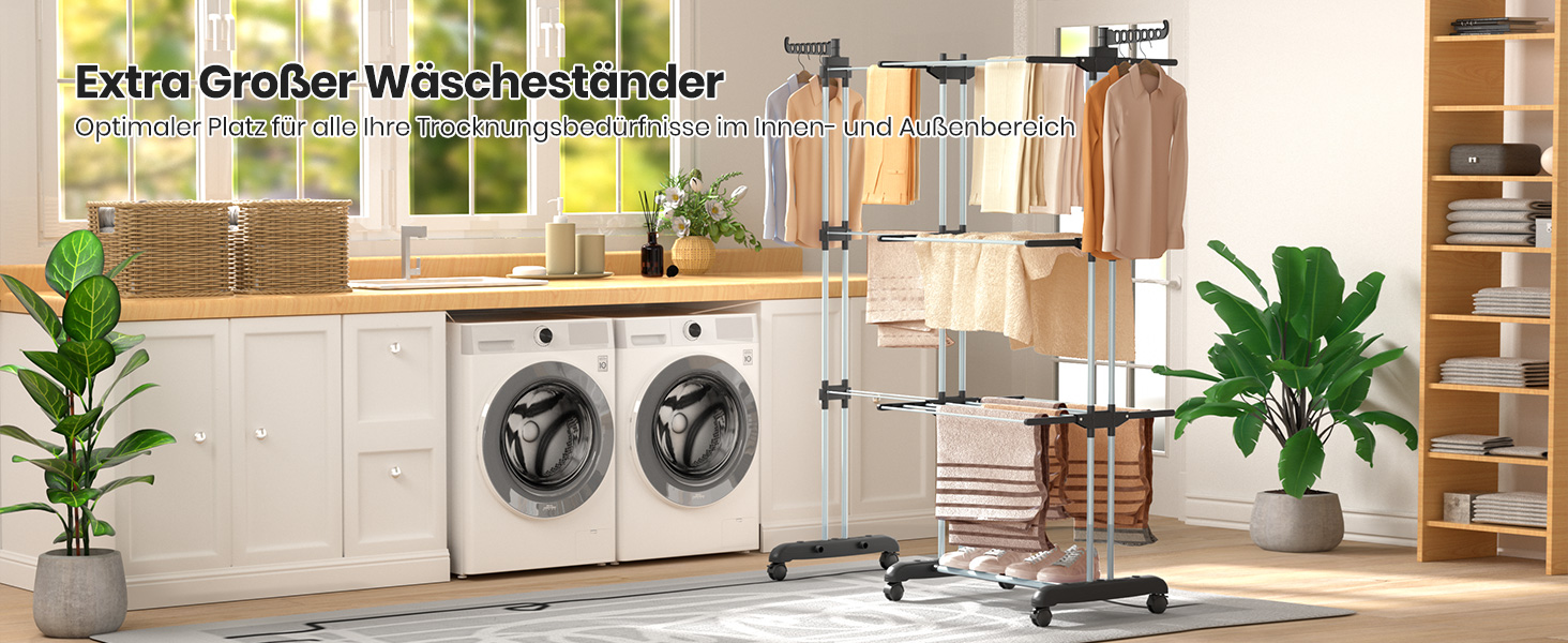 Сушарка для білизни Oak & Tea Turm, 83-200см, XXL, на колесах, 4 яруси, для дому та вулиці (Чорний)